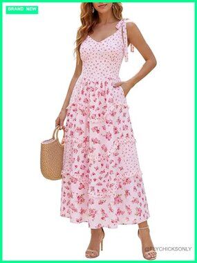 Sleeveless Tie Shoulder Tiered Ruffled Smocked Boho Flowy Maxi Dress with